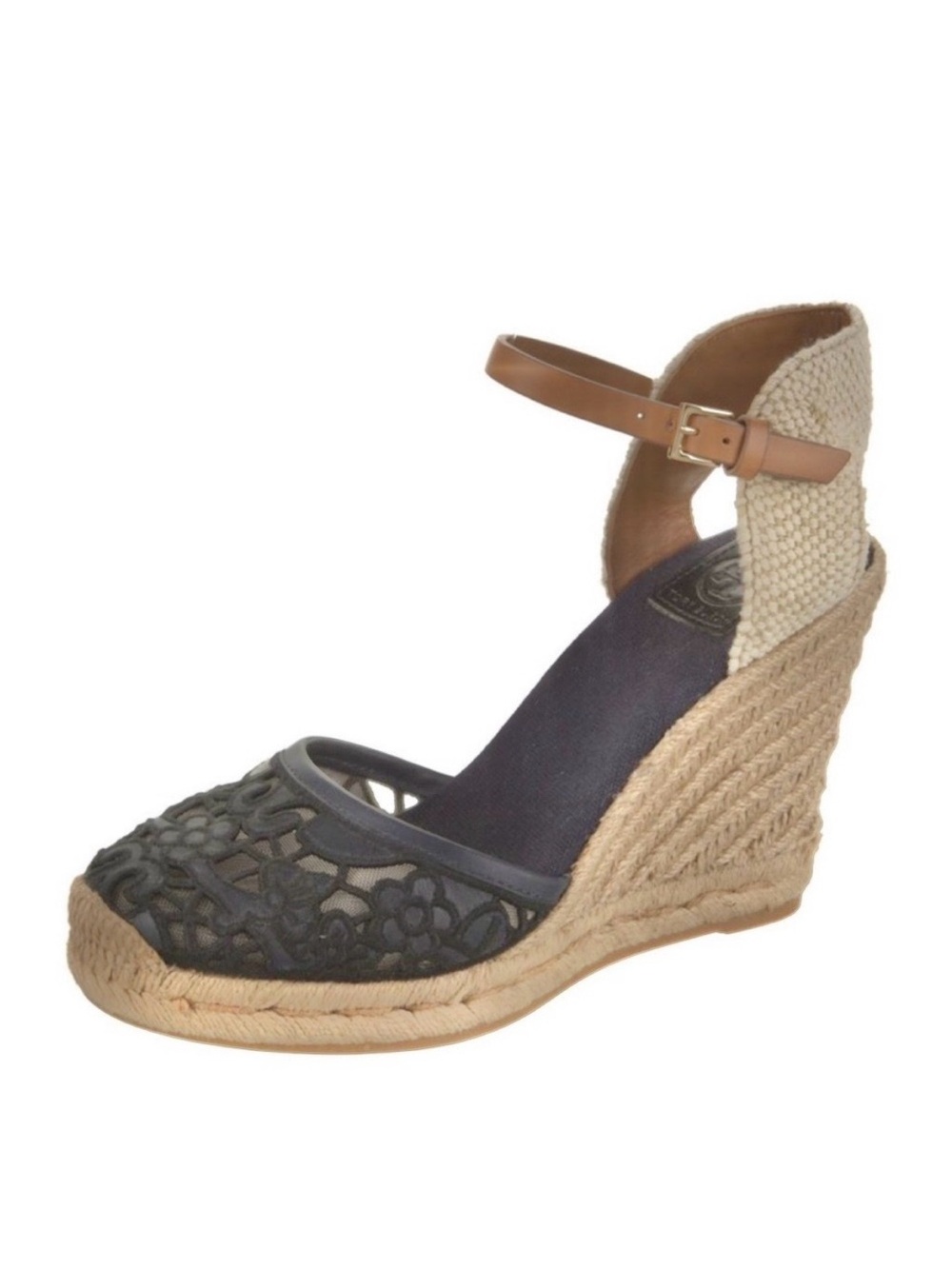 TORY BURCH Navy & Tan Lucia Lace Espadrille Wedge Platform Sandal - Picture 2 of 7